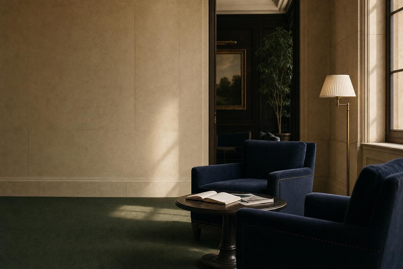 Quiet private club lounge with navy chairs, a brass lamp, and an open notebook